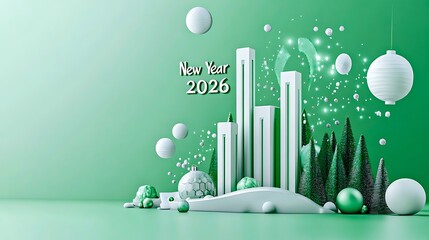 Futuristic new year 2026 city landscape with trees and ornaments

