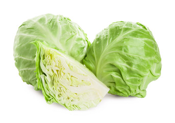 Fototapeta premium Whole and cut cabbages isolated on white