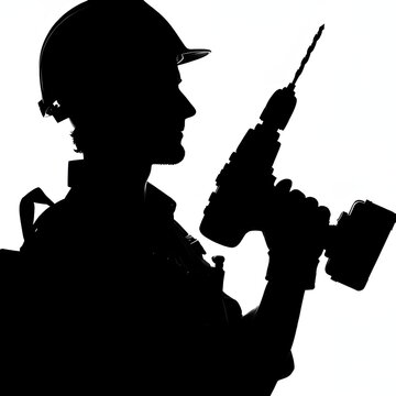 recommend clip art: Construction worker with helmet and drill silhouette on white background