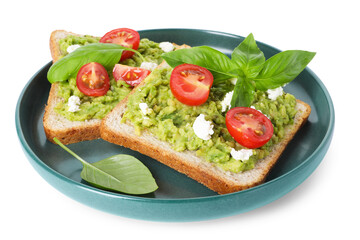 Delicious sandwiches with avocado, tomatoes, basil and cheese isolated on white