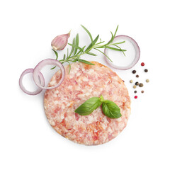 Fresh raw patty for burger and spices isolated on white, top view