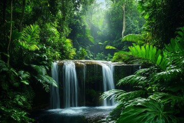 A hidden waterfall cascades through a lush tropical rainforest. Thick foliage surrounds the serene water, capturing the essence of natures beauty in rich detail and vibrant colors