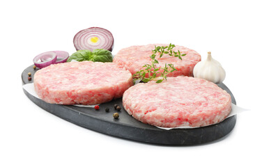 Fresh raw patties for burger and spices isolated on white