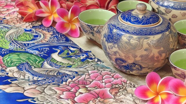 Asian tea ceremony, flowers, silk, tranquil setting