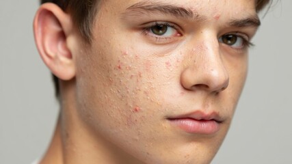 Teenage boy with facial acne and skin inflammation for dermatology education, acne vulgaris awareness, skincare treatment documentation, hormonal skin disorder reference, medical content