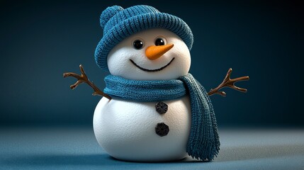 Obraz premium Adorable snowman in hat and scarf against a dark blue backdrop