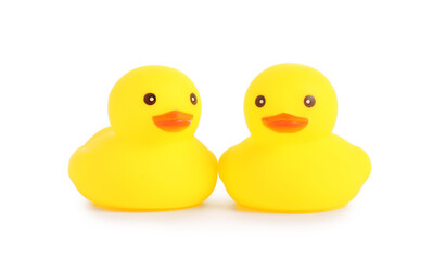 Cute rubber ducks isolated on white. Children's toy