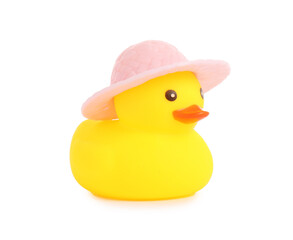 One cute rubber duck in hat isolated on white
