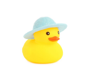 One cute rubber duck in hat isolated on white