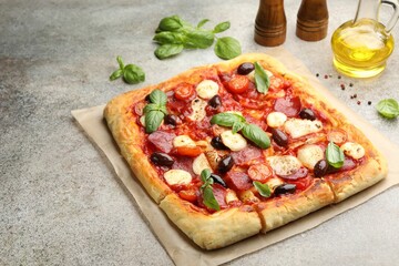 Tasty square homemade pizza and spices on grey background, closeup. Space for text