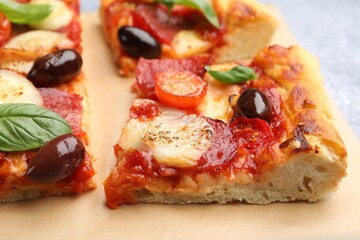 Pieces of tasty homemade pizza on table, closeup