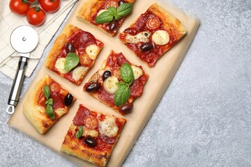 Tasty homemade pizza, ingredients and cutter on grey table, flat lay. Space for text