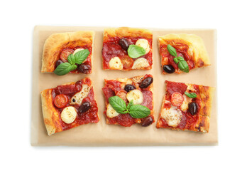 Pieces of tasty homemade pizza isolated on white, top view