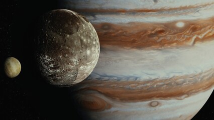 Jupiter in space orbiting cinematic look 4k with moons