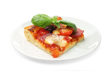 Piece of tasty homemade pizza isolated on white