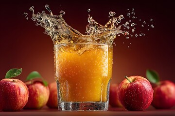Glass of orange juice is poured into a glass with a splash of liquid. The glass is surrounded by apples, and the image conveys a sense of freshness and vitality