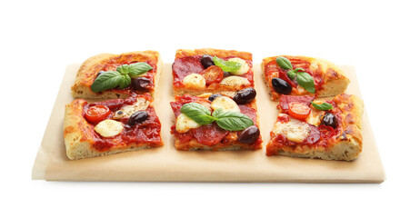 Pieces of tasty homemade pizza isolated on white