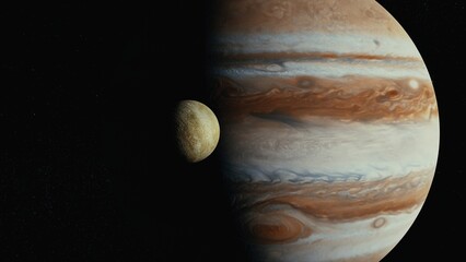 Jupiter in space orbiting cinematic look 4k with moons