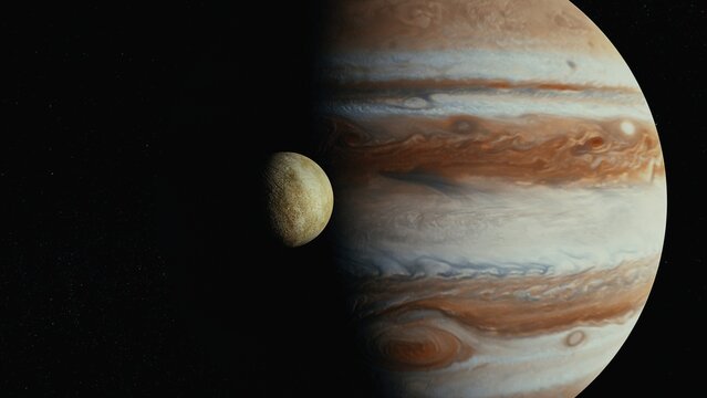 Jupiter in space orbiting cinematic look 4k with moons