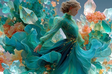 Woman in a green dress is surrounded by flowers and crystals. The image has a dreamy, ethereal quality to it, with the woman's dress flowing and the flowers and crystals adding a sense of magic