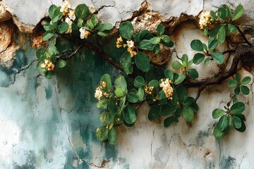 Wall covered in green ivy and flowers. The wall is white and the ivy is growing up the wall