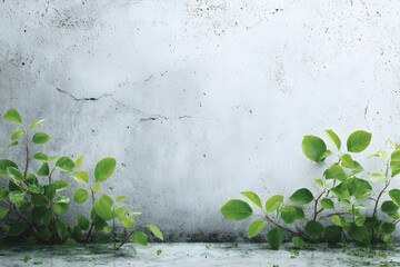 Wall with a green plant growing out of it. The plant is surrounded by a grey wall