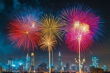 Colorful fireworks explode in various patterns above a lively city skyline at night, creating a dazzling display of light and excitement that captivates onlookers