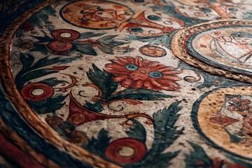 Round table with a flower design on it. The table is made of wood and has a blue and white color scheme