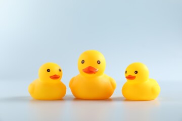 Three cute rubber ducks on white background