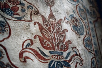 Wall with a flowery design in red and blue. The design is very intricate and detailed