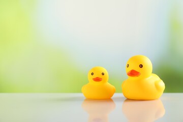 Two cute rubber ducks on table against blurred background, space for text