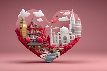 Heart made of buildings and trees with a bridge in the middle. The heart is pink and white