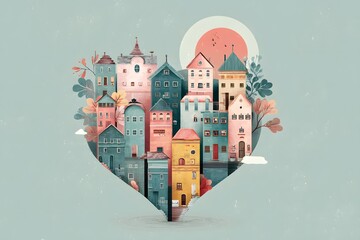 Heart made of buildings with a sun in the background. The buildings are colorful and the sun is orange