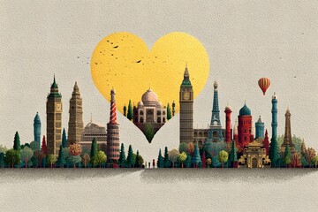 Heart is drawn in the middle of a cityscape, with buildings and a hot air balloon in the background