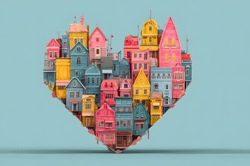 Heart made of colorful buildings. The heart is made of many different colored buildings, including pink, blue, yellow, and green