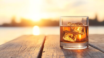Sunset Whiskey Glass on Wooden Dock: Golden Hour Drink Photography