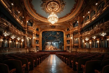 Large, ornate theater with a chandelier hanging from the ceiling. The theater is empty, but the gold accents and chandelier give it a sense of grandeur and luxury