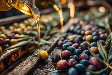 Bunch of blue, purple, and green grapes are sitting on a table with a drizzle of oil on top