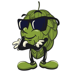 vintage hops vektor illustration mascot character wearing sunglasses folding his arms calmly, work of hand drawn