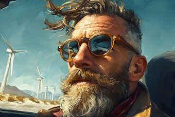 Man with a beard and glasses is driving a car with a windmill in the background. The man is wearing sunglasses and a red bandana