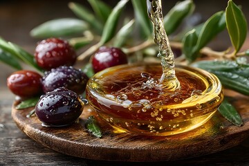Glass of honey is poured into a bowl with a bunch of grapes. The grapes are purple and the honey is golden