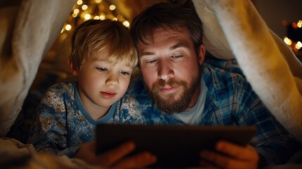 Father and son cuddled under a blanket watching a tablet in warm cozy lighting perfect for father's day