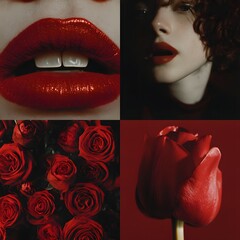 Collage of red roses and a red flower with a red background. The collage is meant to evoke feelings of love and passion