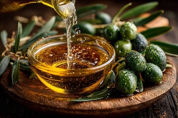 Glass of olive oil is poured into a bowl. The bowl is on a wooden table with a bunch of green olives