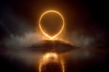 Glowing circle in the water with a dark background. The circle is surrounded by fog and smoke