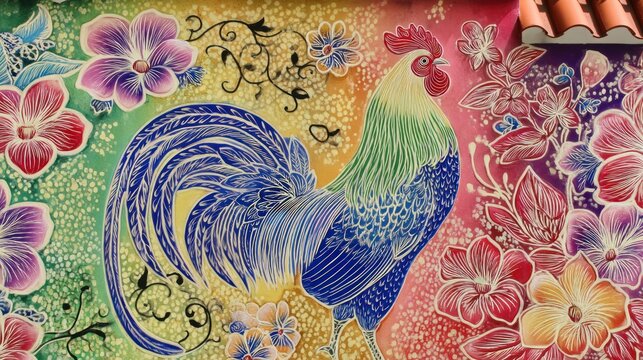 Colorful rooster batik art, floral background, building detail - Powered by Adobe