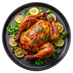 Whole Tandoori Chicken in Black Plate &ndash; Top View on White Background