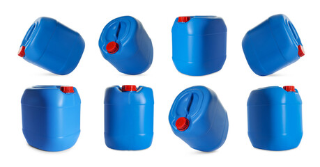 Plastic canister on white background, collage. View from different sides