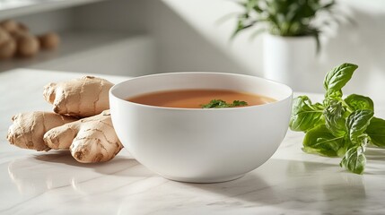 Ginger soup sits in a white bowl on a marble surface with basil and ginger roots visible!