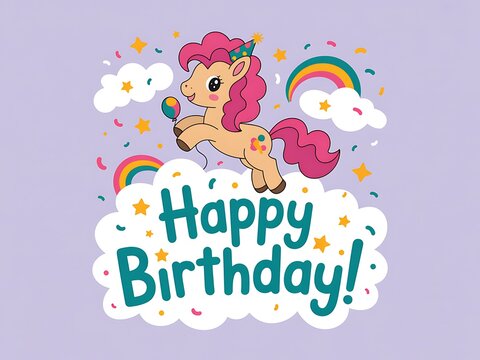 Enchanting birthday greeting with a playful cartoon unicorn and rainbow accents